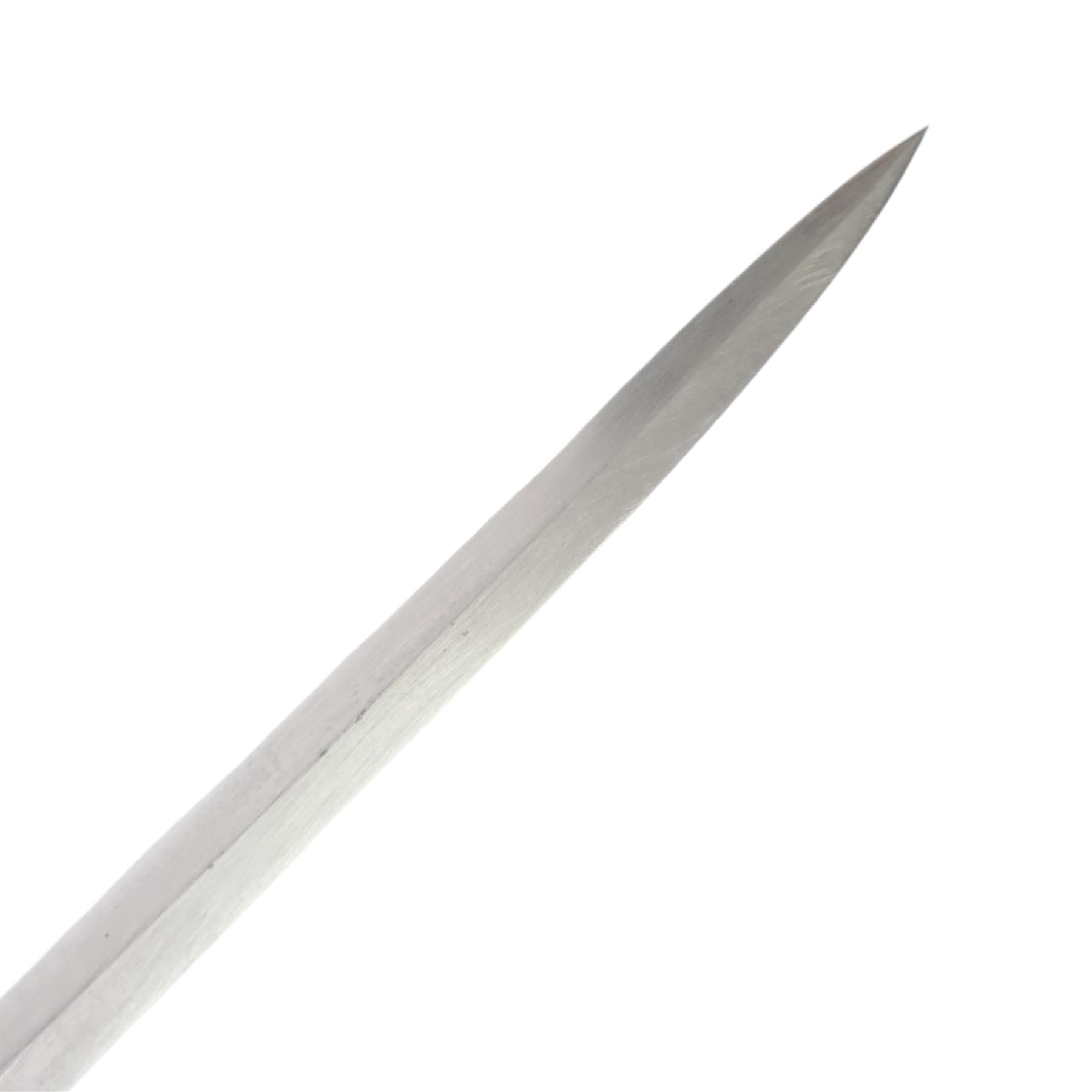 British 1822 pattern, named, infantry officers' sword, the 82cm slightly curved and fullered single edged blade engraved on both sides, bears the Victorian coat of arms and the owners initials 'GB', ricasso marked Grindlay & Co London, the brass basket guard with Victoria cartouche and fold down rear flap, shagreen bound grip with original wire binding and gilt sword knit, with brass scabbard, twin suspension rings and steel chape mount, overall L102cm  