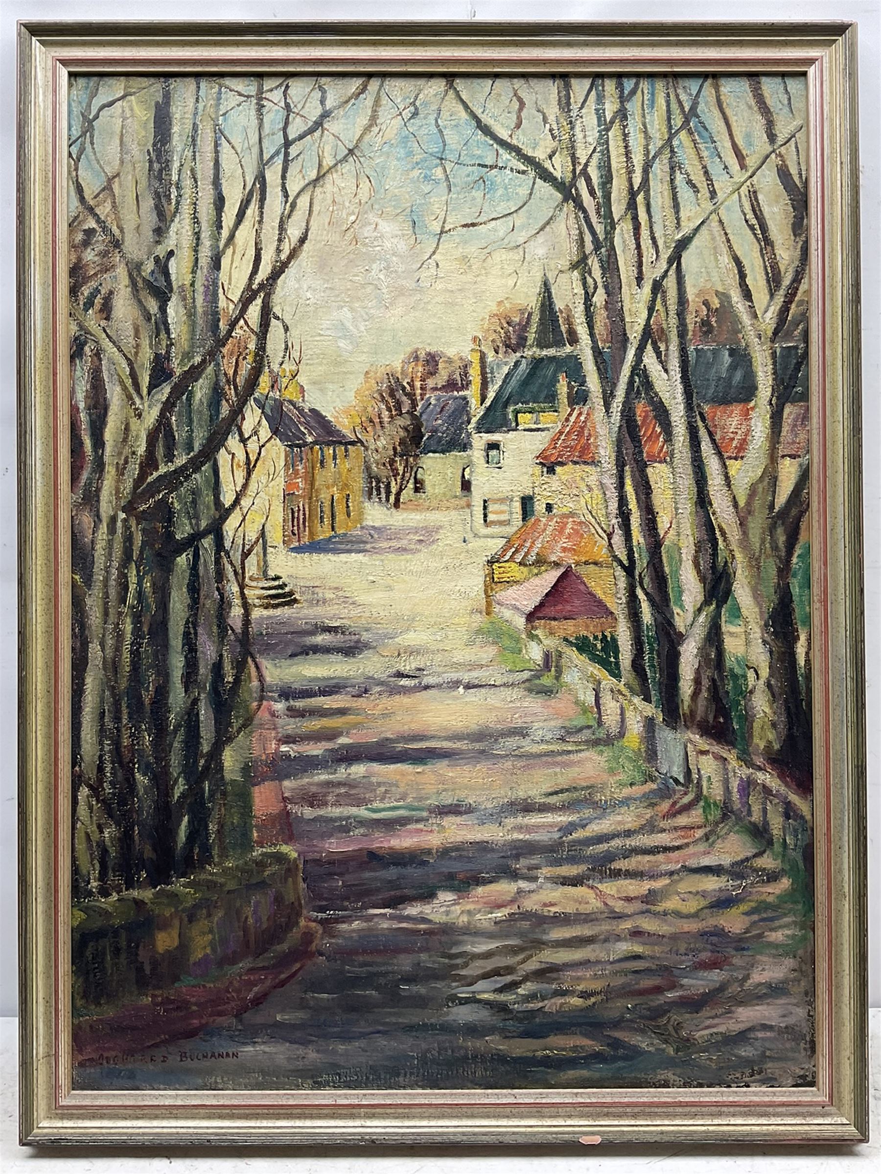 Evelyne Oughtred Buchanan (née Watson) (British 1883-1978): Tree Lined Street, oil on canvas signed, another oil sketch and remains of various labels verso 85cm x 62cm