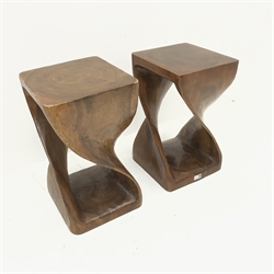 Pair carved rustic hardwood lamp tables, W30cm, H51cm, D31cm