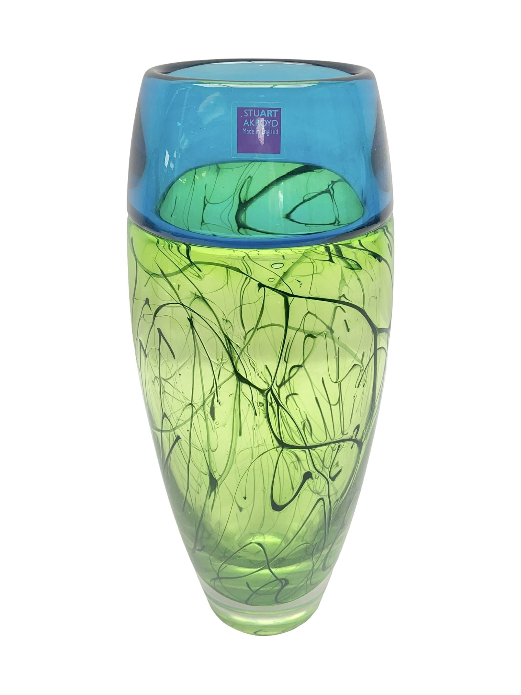 Stuart Akroyd glass vase, blue banded top and lime green lower section with free flowing line decoration, with sticker and engraved signature beneath, H29.5cm