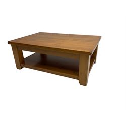 Rustic pine coffee table, rectangular plank top over undertier (120cm x 80cm x 46cm); and matching nest of two tables (60cm x 50cm x 64cm)