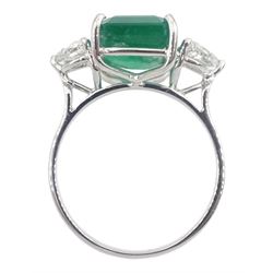 White gold three stone large emerald and trillion cut diamond ring, stamped 18K, emerald approx 3.50 carat, total diamond weight approx 0.75 carat