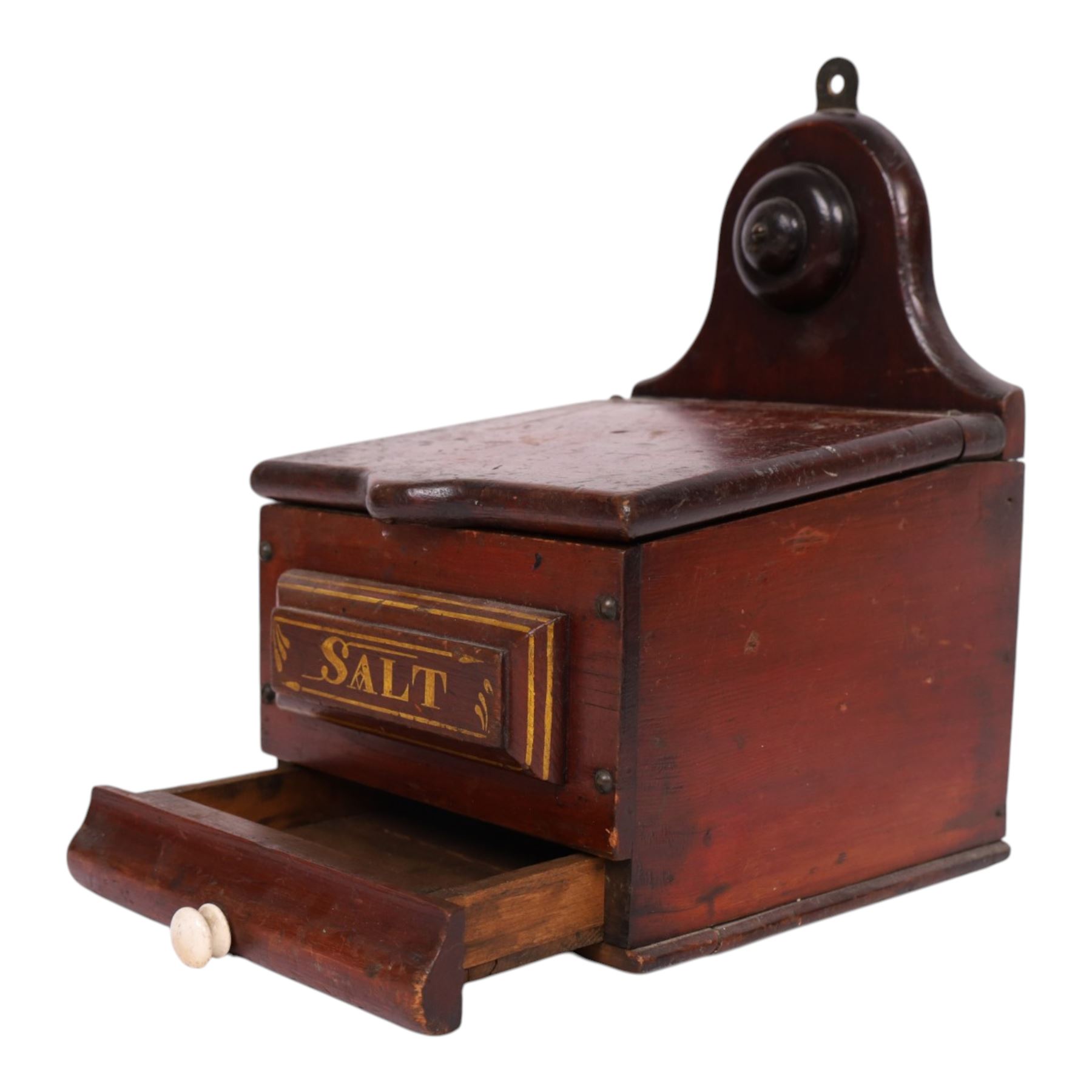 19th century salt box, wall mounted, lift open top, above a single drawer, with ceramic handle, painted plaque to the front, H31cm, D24cm  