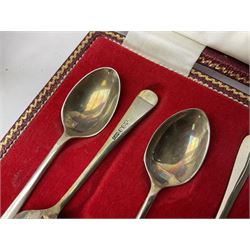 Set of six 1960's silver coffee spoons, hallmarked Sheffield, contained within a fitted case with interior inscribed Harrods, together with a silver napkin ring, hallmarked Birmingham, and a silver plated photograph frame, approximate silver weight 68.4 grams