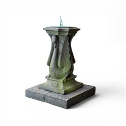 Late 20th century terracotta twin swan sundial, well figured seated back to back with shaped top, raised on four sectional base. Measurements exclude base.
Base: 60cm x 60cm