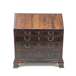  George lll mahogany bureau, figured fall front with fitted interior, the four long graduated cockbeaded drawers with C scroll cast Rococo brass handles, on ogee bracket feet, W96cm, D55cm, H106cm  