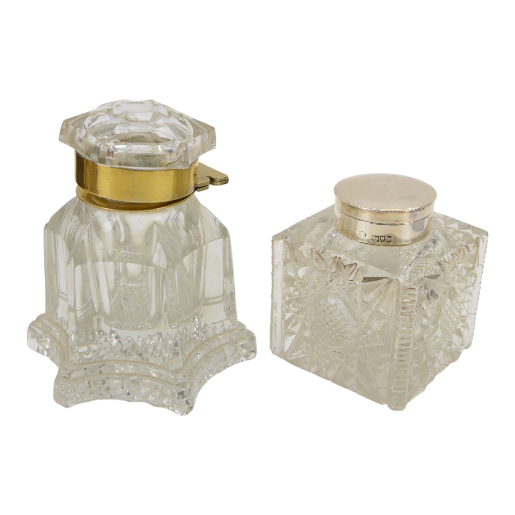 Brass and wood desk stand with inkwell and pen stand, together with silver collared inkwell, hallmark, brass table lamp in the form of a reeded column on stepped square base and 19th century rosewood tea caddy, etc lamp H45cm