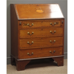  Edwardian inlaid mahogany bureau, fall front enclosing fitted interior, one short and three long drawers, bracket supports, W77cm, H99cm, D42cm  