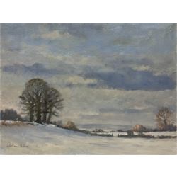 William Burns (British 1923-2010): Snowy Landscape', oil on board signed, titled verso 30cm x 40cm (unframed)
Provenance: direct from the artist's family. Born in Sheffield in 1923, William Burns RIBA FSAI FRSA studied at the Sheffield College of Art, before the outbreak of the Second World War during which he helped illustrate the official War Diaries for the North Africa Campaign, and was elected a member of the Armed Forces Art Society. On his return to England, he studied architecture at Sheffield University and later ran his own successful practice, being a member of the Royal Institute of British Architects. However, painting had always been his self-confessed 'first love', and in the 1970s he gave up architecture to become a full-time artist, having his first one-man exhibition in 1979.