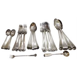 1920's silver part canteen, comprising six table spoons, six table forks, five dessert spoons, five side forks, and six teaspoons, hallmarked Pearce & Sons, London 1927 and 1928, plus a Victorian silver salt spoon, hallmarked Chawner & Co, London 1865, and an Edwardian pickle fork, hallmarked Joseph Gloster Ltd, Birmingham 1902, approximate total weight 51.58 ozt (1604.6 grams)