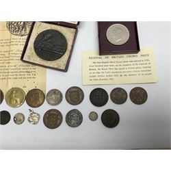 Lusitania replica medal, boxed and various coins including King George VI 1951 Festival of Britain crown, United States of America 1844 one cent and 1850 half dime, Queen Victoria States of Jersey 1844 one thirteenth of a shilling, etc