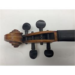 German trade violin c1900 copy of a Maggini with 36.5cm two-piece maple back and ribs and spruce top; double scroll; L60cm overall; in carrying case