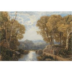 Francis Oliver Finch (British 1802-1862): Arcadian Landscape with Figures and Classical Ruins to the Distance, watercolour possibly signed 28cm x 41cm