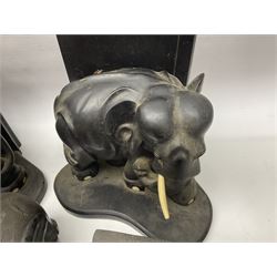 Three pairs of carved wooden elephant bookends, and a similar carved wooden elephant figure, tallest H24cm