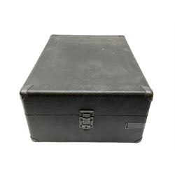 HMV portable wind up gramophone in a black case, together with a collection of records. 