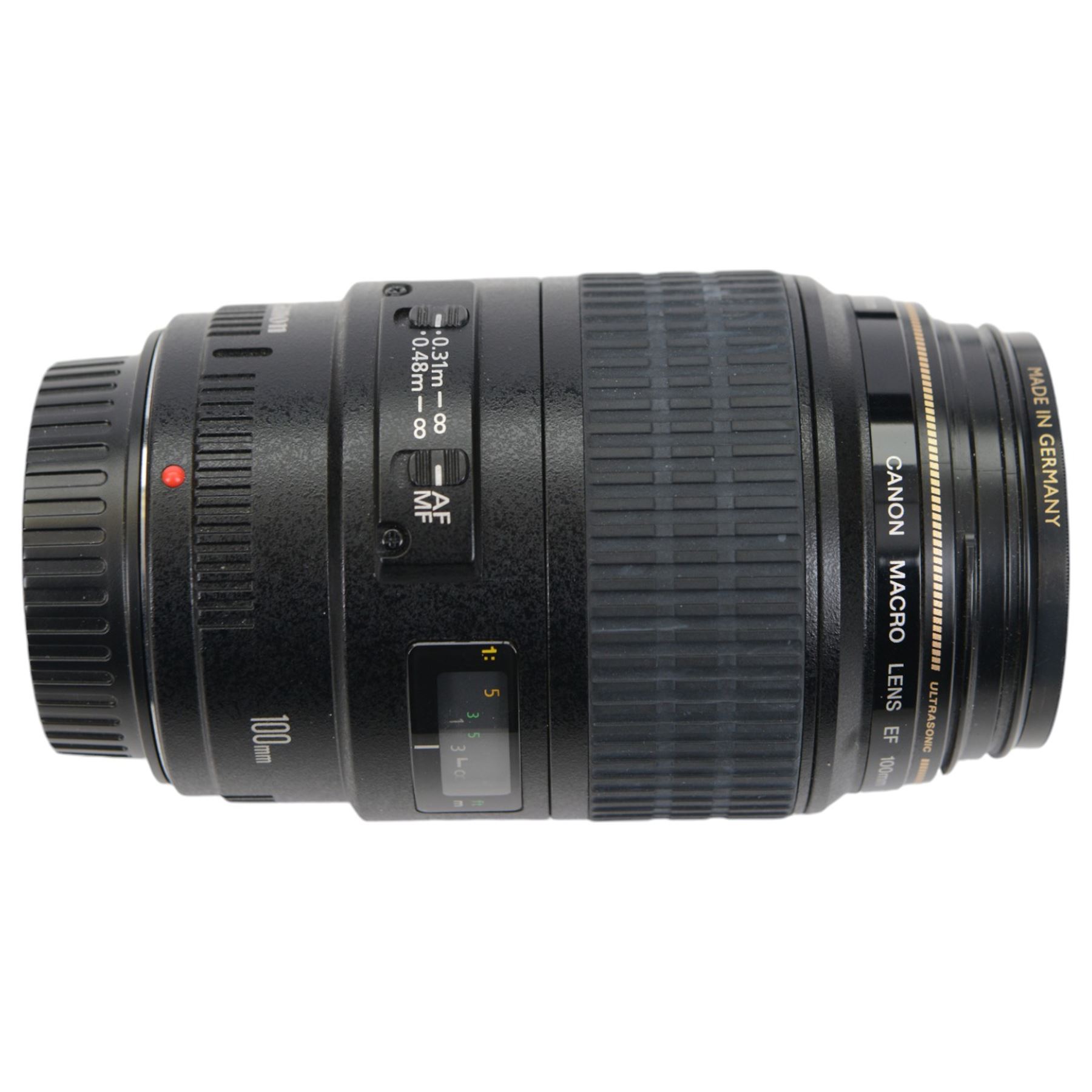 Canon Ultrasonic Macro EF 100mm 1:2.8 lens serial no. 63900365, with Canon EW-65II lens hood, in carry pouch