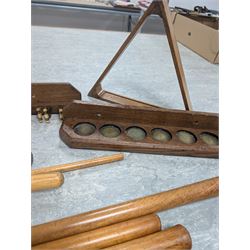 E J Riley billiard rules, together with Super Crystalate snooker balls, cue racks and a quantity of cues and extensions