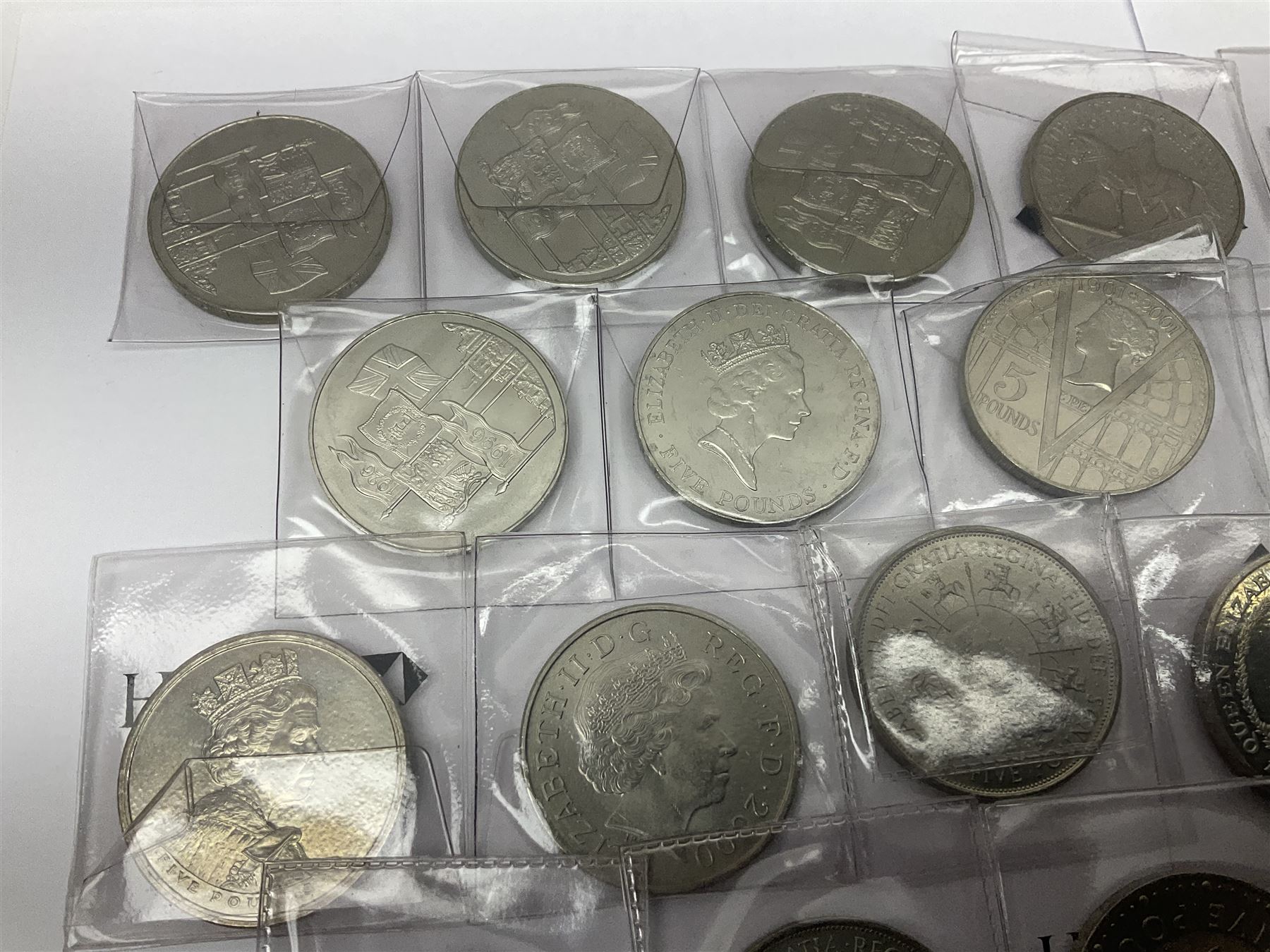 Thirty-six Queen Elizabeth II cupronickel five pound coins 