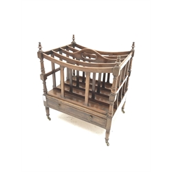 Reproduction mahogany Canterbury magazine rack, four divisions, with single drawer, W46cm, H53cm, D37cm