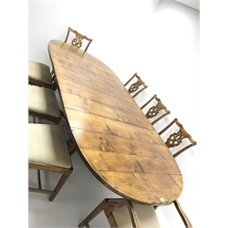 19th century style extending oak dining table, two leaves, baluster supports joined by shaped stretchers (W273cm, H75cm, D121cm) and set eight (6+2) oak dining chairs, shaped cresting rail, pierced splat, upholstered seat, square supports (W58cm)