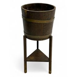 19th century coopered mahogany jardinière, brass banded body on associated three-legged st...