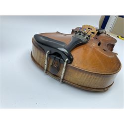 French Mirecourt violin c1920s with 36cm one-piece maple back and ribs and spruce top, labelled Jermone Thibouville-Lamy, L59cm, in fitted carrying case with German bow and 1984 valuation certificate by Frome Valley Music