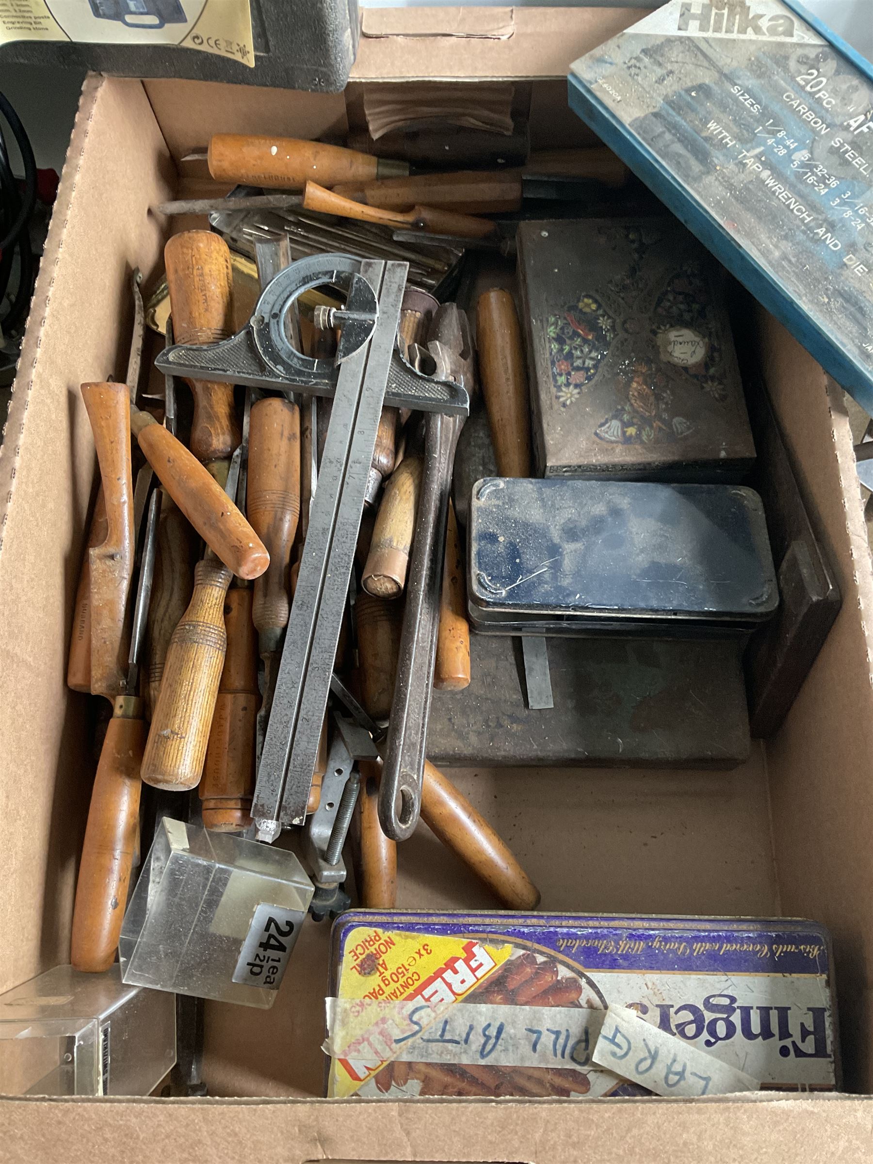 Selection of tools such as wood carving chisels, Tap and Die set, drill bits, grinder set, router, spray gun and others - THIS LOT IS TO BE COLLECTED BY APPOINTMENT FROM DUGGLEBY STORAGE, GREAT HILL, EASTFIELD, SCARBOROUGH, YO11 3TX