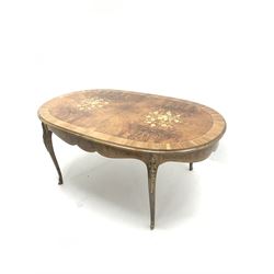 Italian walnut and floral marquetry extending dining table with cross banded top, cabriole legs with gilt metal mounts