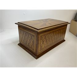 19th Century mahogany and parquetry box of rectangular form, geometric cube design, with a stylised sun detail to the hinged cover, opening to reveal three compartments, L33cm D21cm H16cm
