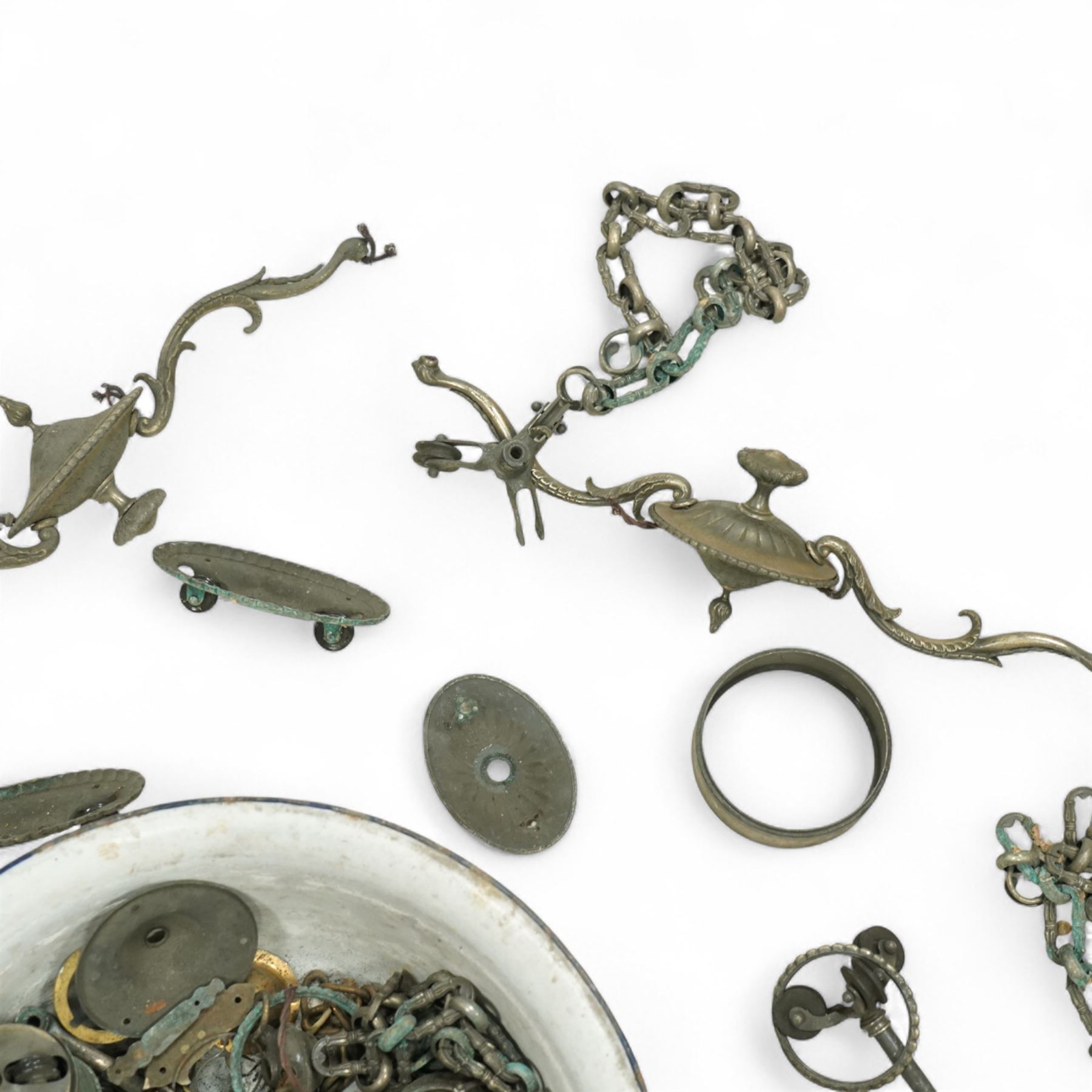 *Large collection of 19th century and later metal fittings, to include silver plated ceiling and light types, handles and castors, ornate chains and other architectural type fittings (qty)From the Kirkham Hall Attic & Cellar Collection, sold without reserve