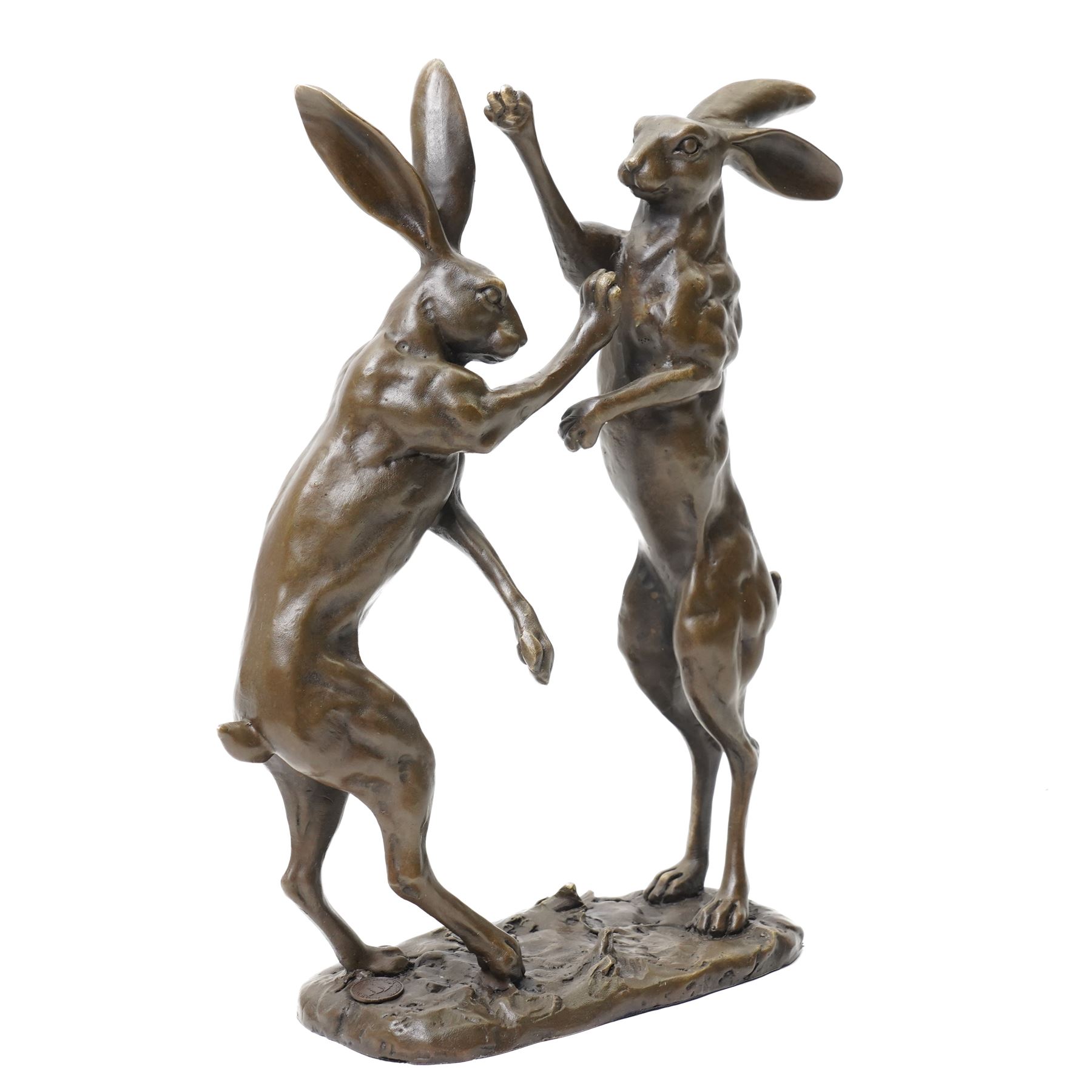 Bronze figure group, modelled as two male hares boxing, upon a naturalistic base, with foundry mark, H27cm