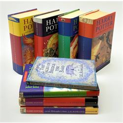 Rowling J.K.: Harry Potter - four first editions 'Order of the Phoenix', 'Deathly Hallows', 'Half Blood Prince' and 'Goblet of Fire' with print errors; three later editions - 'Chamber of Secrets', 'Philosopher's Stone' and 'Prisoner of Azkaban' with print errors; all with unclipped dustjackets; and The Tales of Beedle the Bard (8)