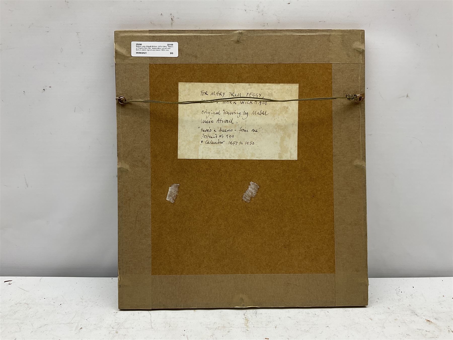 Mabel Lucie Attwell (British 1879-1964): 'Here's a Cheerio from Me', watercolour cut out and laid on paper signed and dated 1959, inscribed verso 24cm x 19cm
Notes: this subject was used in Postcard No.999 and calendars 1947 to 1950