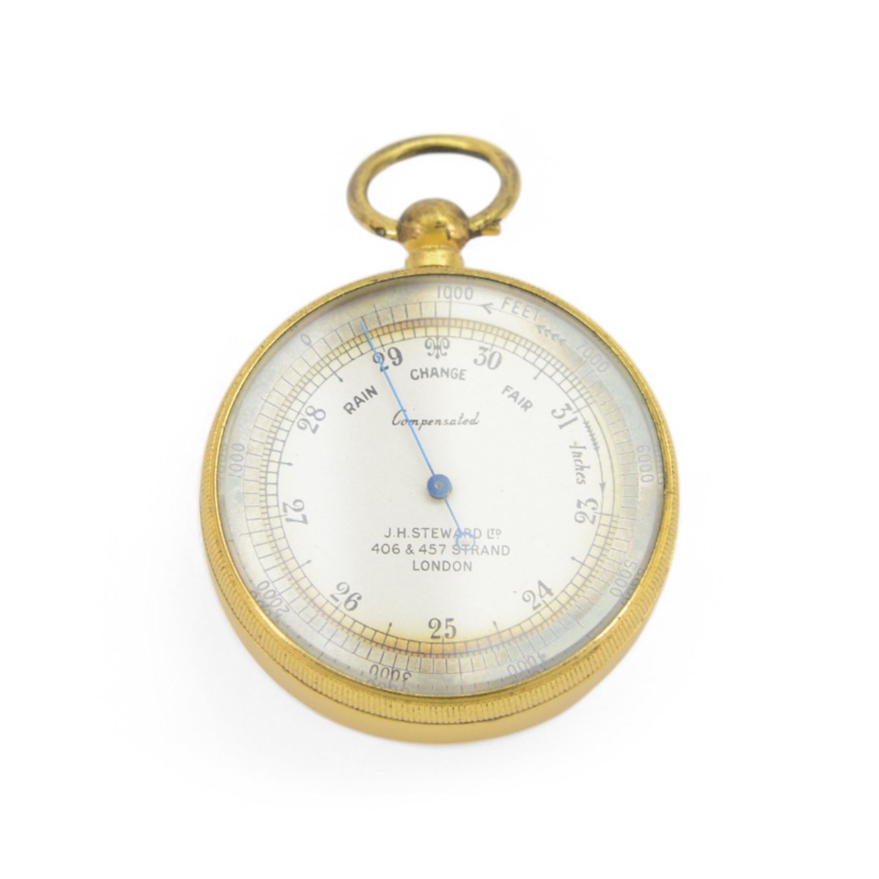 Late Victorian J.H. Steward Ltd compensated aneroid barometer, brass cased with silvered dial and altimeter scale to outer edge, contained within a tooled leather case, D4.5cm