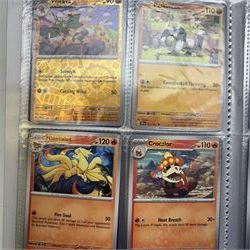 Collection of modern Pokemon TCG trading cards from the Scarlet & Violet and Sword & Shield eras, contained within in two folders, opened packets and loose, together with a graded Sword & Shield Silver Tempest Passiman TG08, GET Graded 9 Mint, two oversized cards, energy cards, vintage booklets and boxes, empty tins, 1998 Electronic Pokédex and other accessories