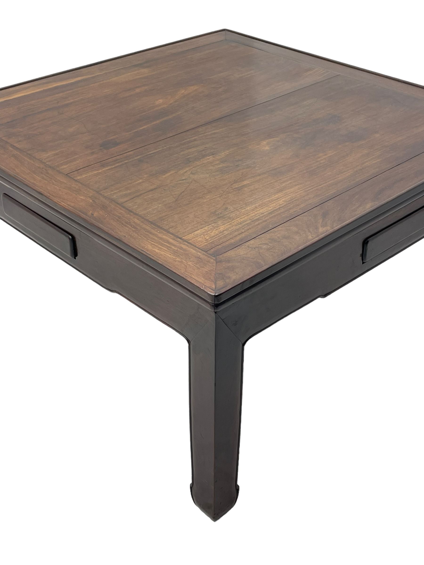 Fine 19th century Chinese Qing dynasty hmong wood mahjong or coffee table, Ming design, square top with raised moulded lip, each side fitted with small drawer, on square supports with hoof feet