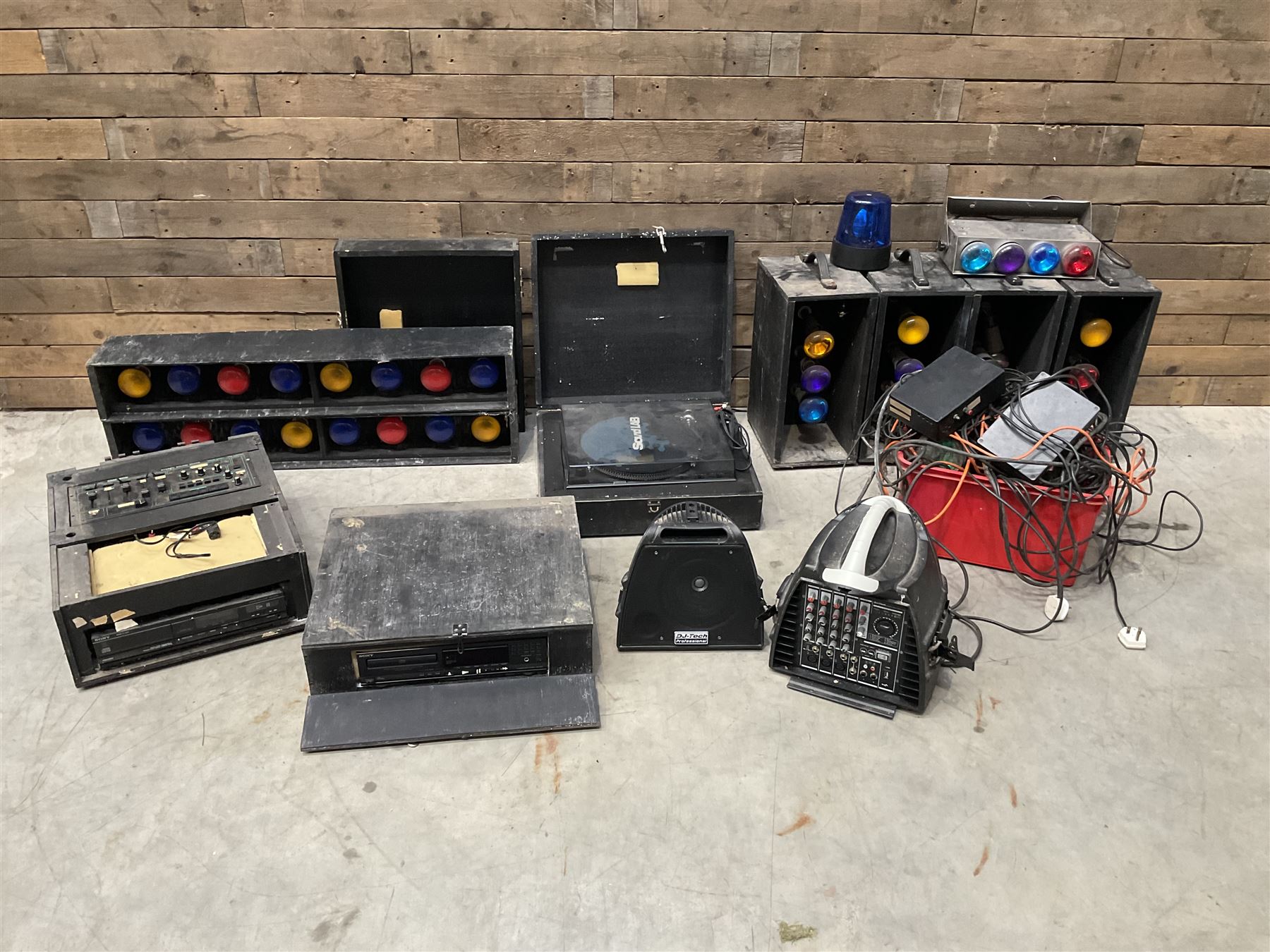 Collection of vintage disco equipment, to include Sony separates, cabinet lights, mixers, turntable etc