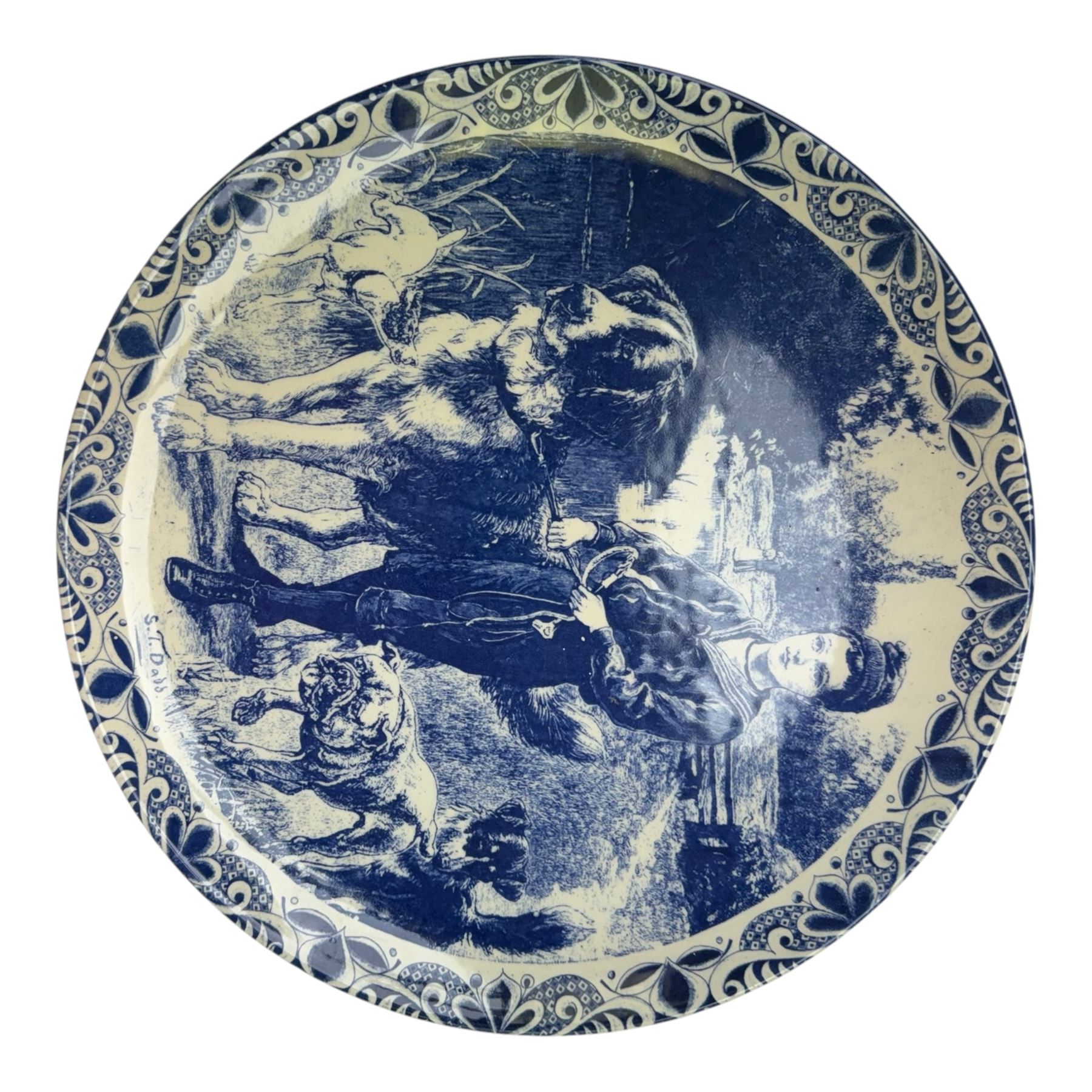 Ten Delft and similar chargers, including Delfts Blauw and Boch examples, largest D40cm