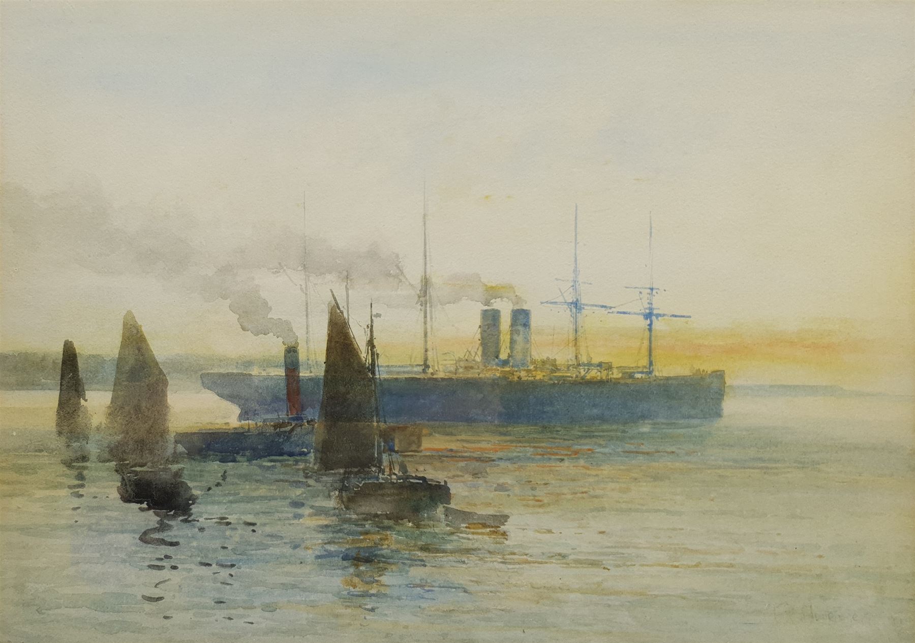 English School (Early 20th century): Transitional Steamship followed by Sailboats, watercolour indistinctly signed 24cm x 34cm