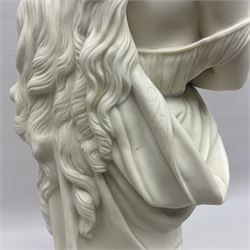 19th century Copeland Parian Ware figure, after R Monti, modelled as Lady Godiva, upon a circular titled plinth, signed and dated verso R Monti 1870, impressed to base Copyright Reserved Copeland, overall H22cm