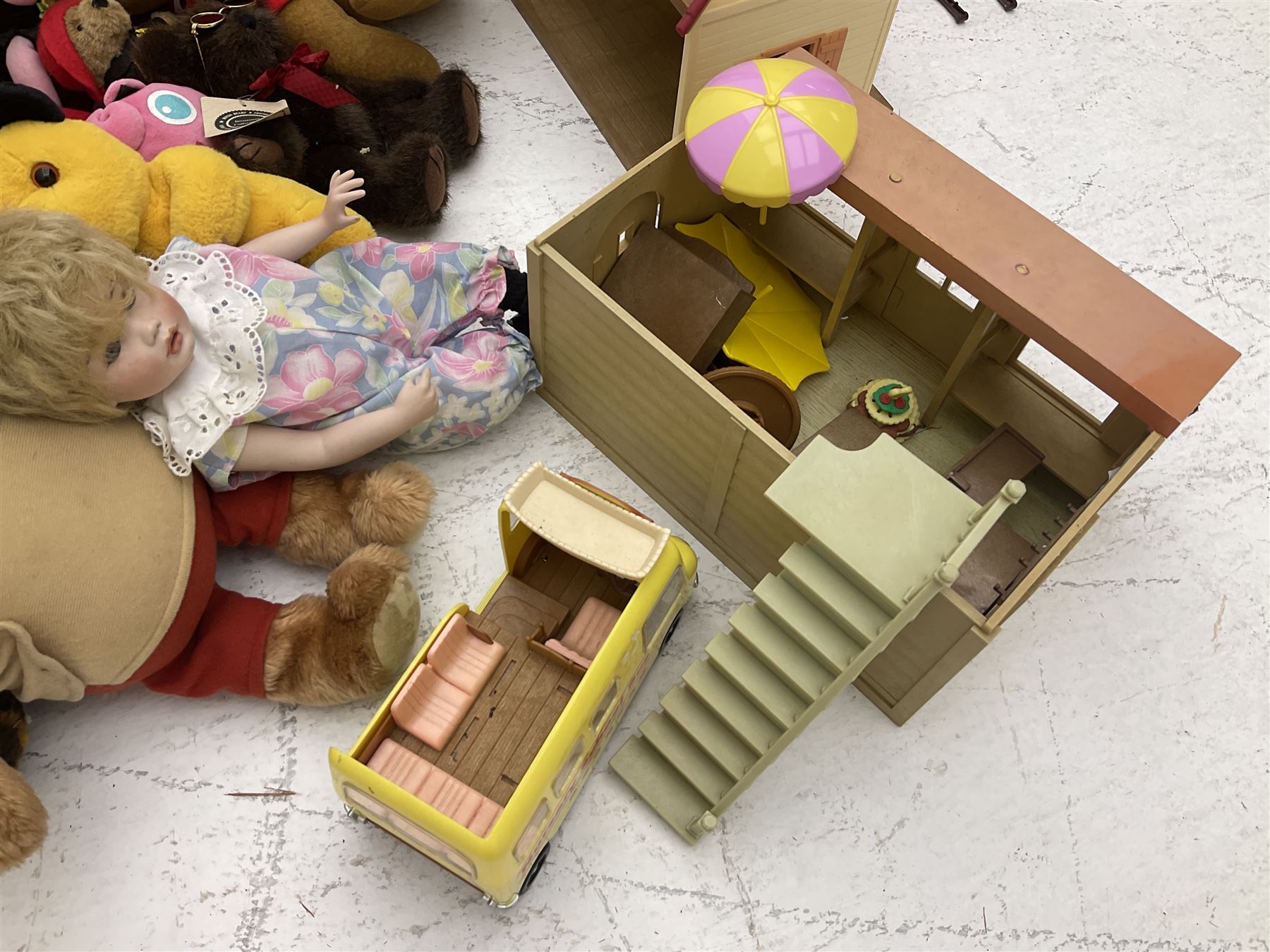 Quantity of stuffed toys and dolls to include Teddy Ruxpin, Cabbage Patch, Troll doll, and a quantity of plastic toys including Sylvanian Families Country School etc, in two boxes