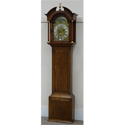  19th century oak cased longcase clock, arched brass dial with subsidiary seconds and date aperture, signed James Todd Bradford, 8 day movement striking the hours on a bell. H227cm  