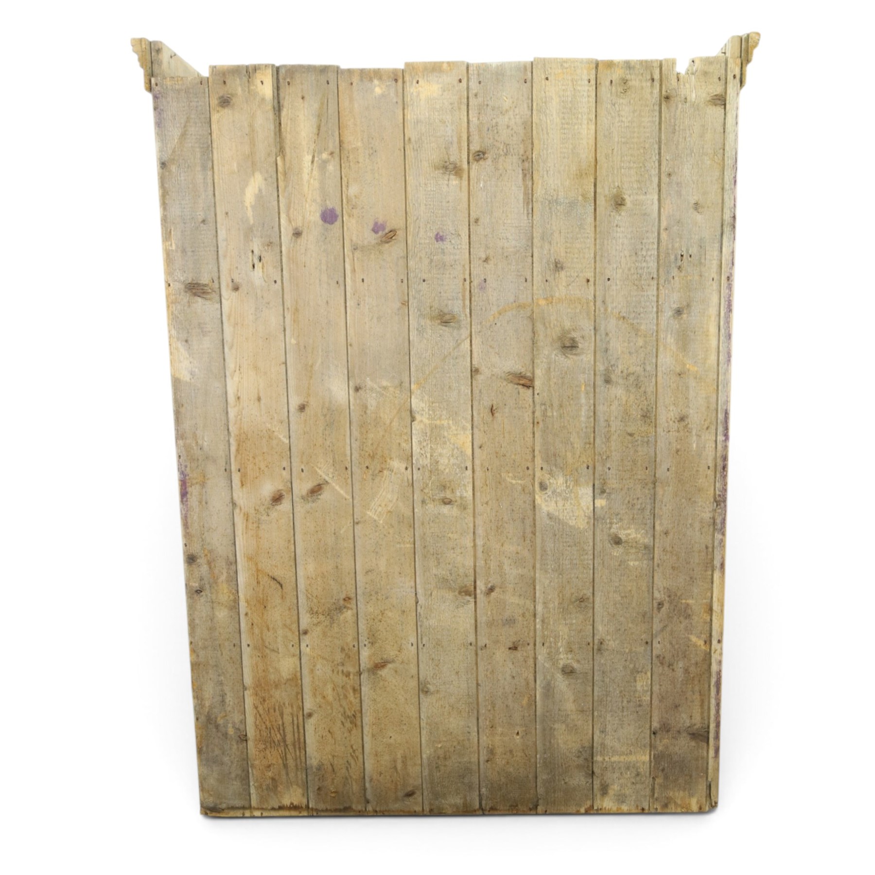 19th century stripped pine linen cupboard, projecting cornice over two panelled doors enclosing five assorted shelves