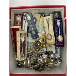 Collection of assorted souvenir and other spoons, many with enamelled terminals, mostly silver plate, in one box 