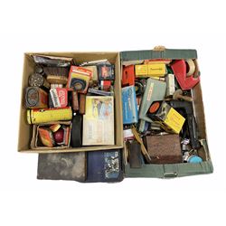 Sewing machine accessories, boxed electric Darner, rulers, Dunlop dusting Chalk, vintage car polisher, bicycle repair kits and miscellanea in two boxes