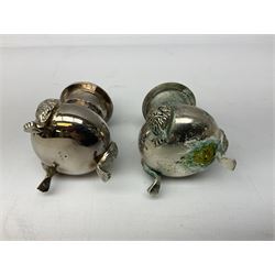 Silver mustard pot, hallmarked William Oliver, Birmingham 1900, oval form, with pierced decoration, the hinged cover and blue glass liner, together with silver plate salt and pepper shakers etc 