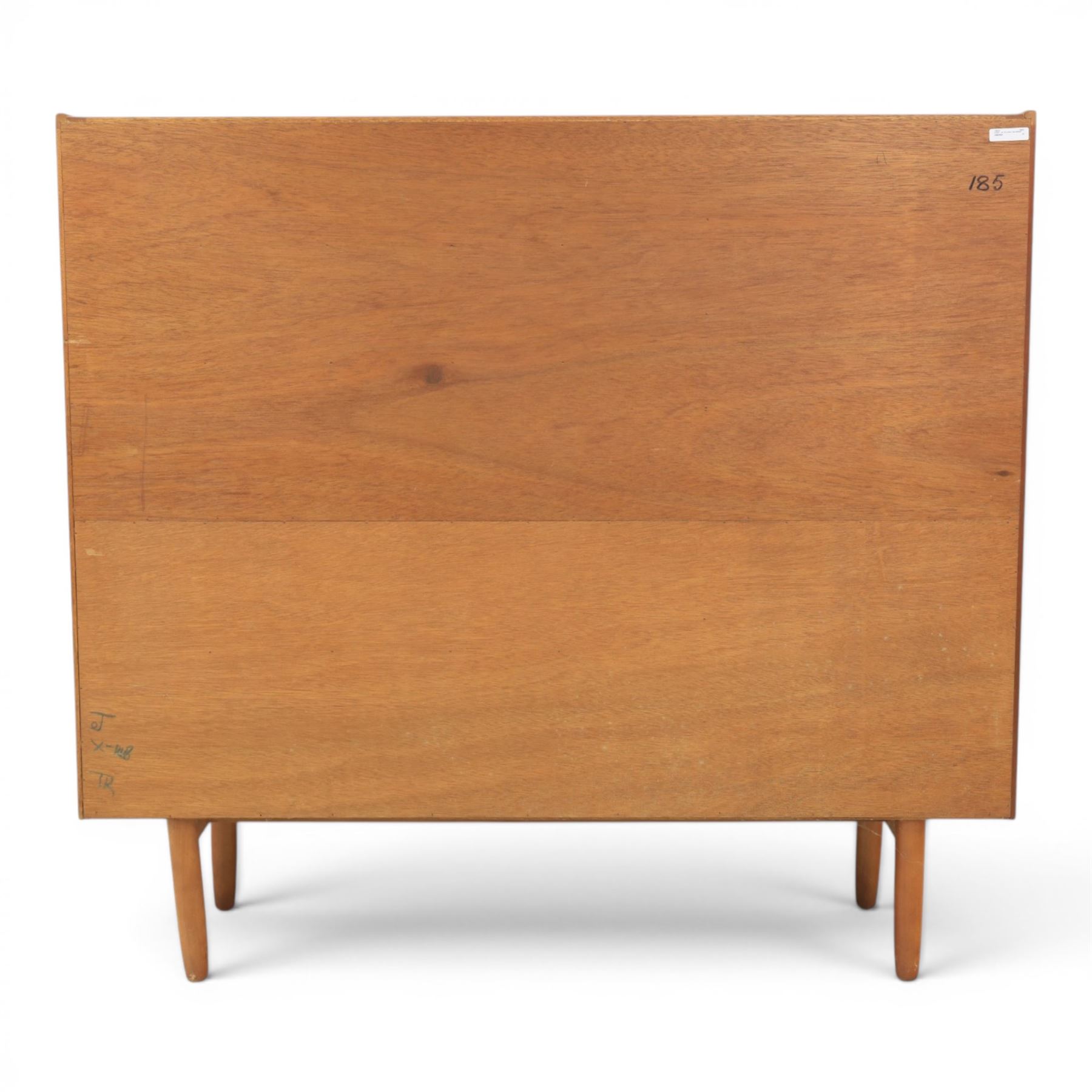 Jentique - mid-20th century teak highboard, fall front cabinet next to a sliding door cupboard above and open recess, the lower section with cabinet doors and three graduated drawers, raised on cylindrical legs