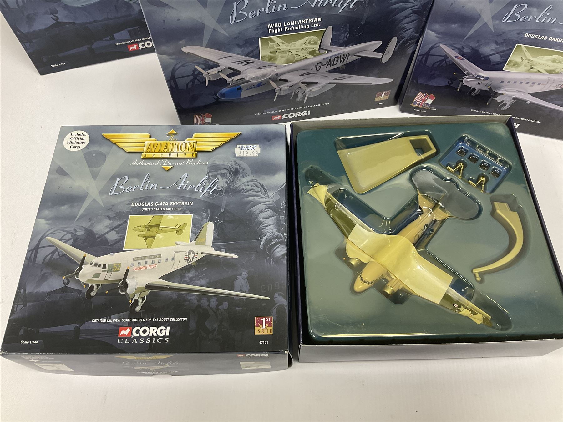Corgi - Aviation Archive, eight models comprising three ‘Military’ and five ‘Berlin Airlift’ 1:144 scale models, to include limited editions AA31502 Bristol Britannia 312F ‘XX-367’ ‘Team Spirit’ A&AEE Boscombe Down no.686/2500; 48104 Boeing C-97A Stratofreighter Military Air Transport Services no.2815/4000; 47205 Avro York - RAF; 47403 Avro Lancastrian; all boxed (8)