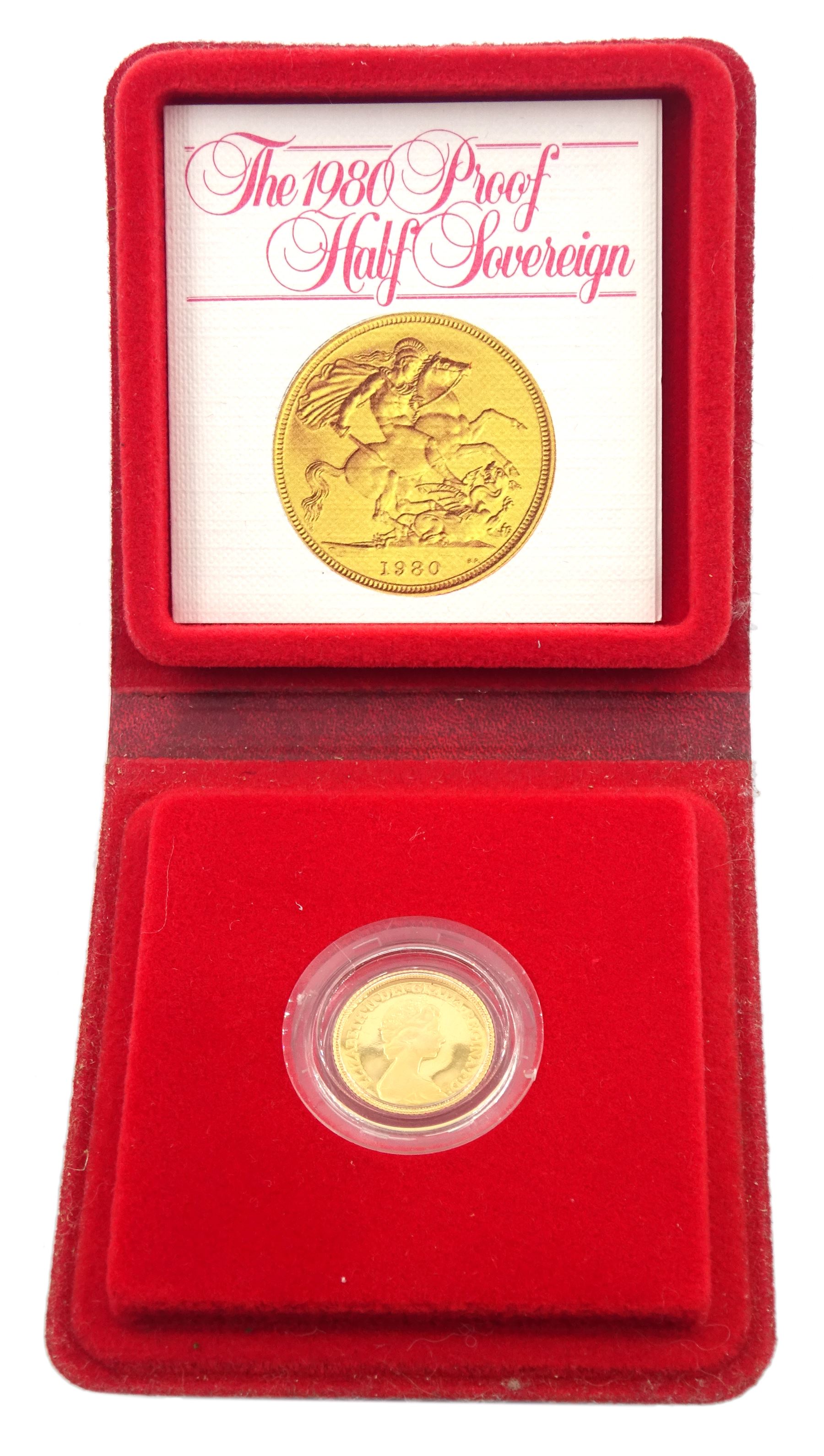 Queen Elizabeth II 1980 gold proof half sovereign coin, cased with certificate
