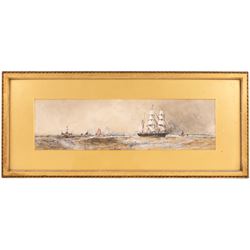 Frank Henry Mason (Staithes Group 1875-1965): Panoramic View of Shipping off the South Coast, watercolour signed 13cm x 47cm